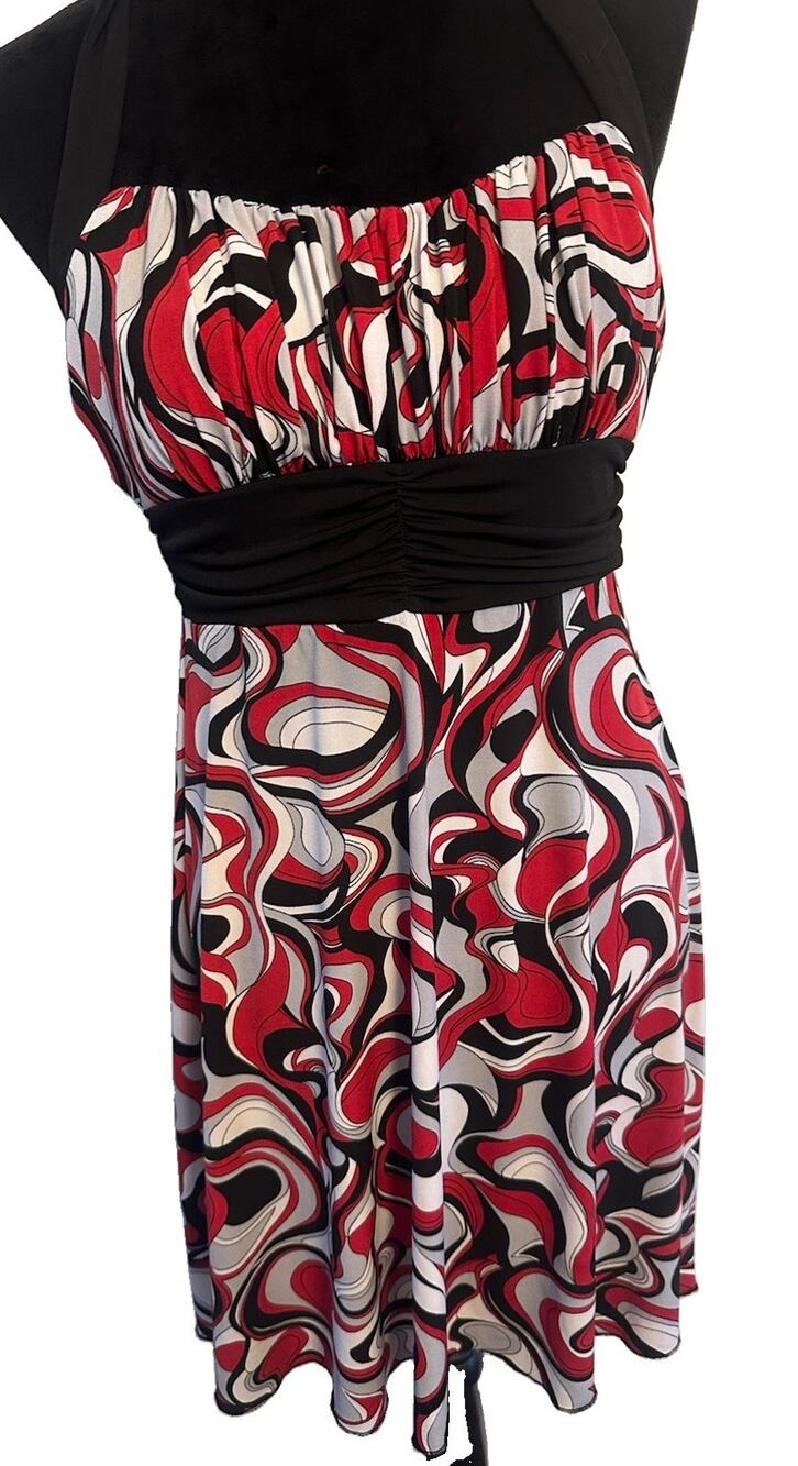 Y2K Speechless Abstract Swirl Dress Red Black Gray Ruched Waist Retro Mod~Large